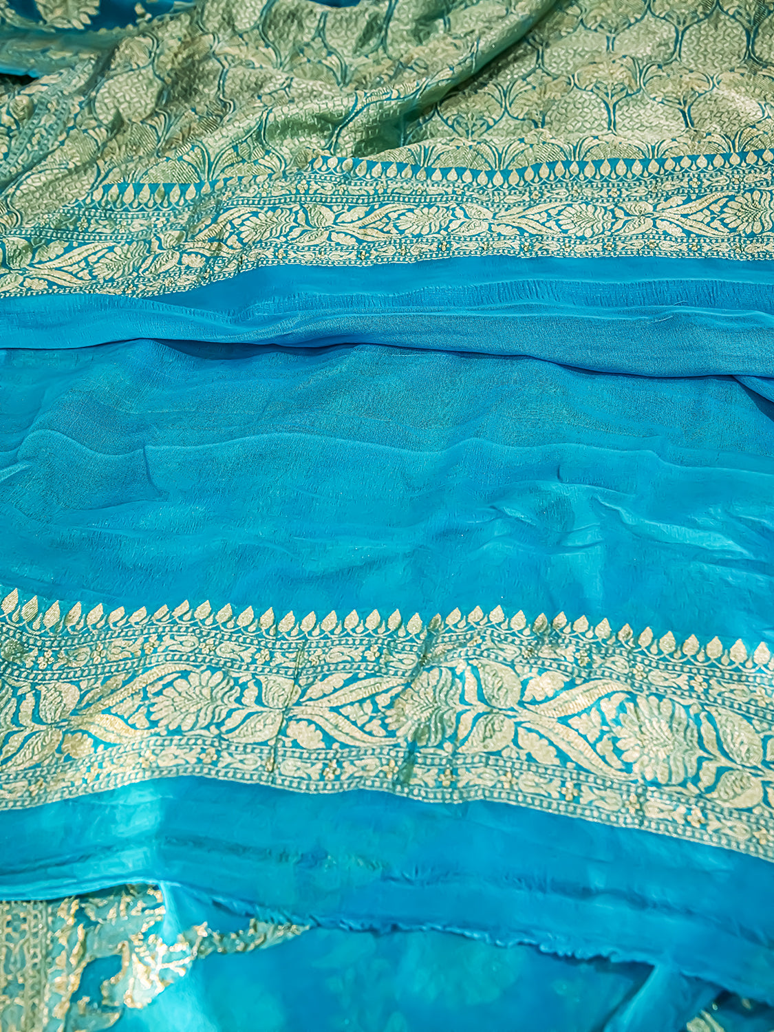 Handwoven Peacock Blue Banarasi Khaddi Georgette Saree