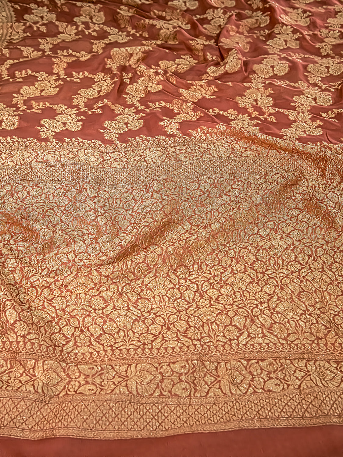 Handwoven Peach Banarasi Pure Khaddi Georgette Saree