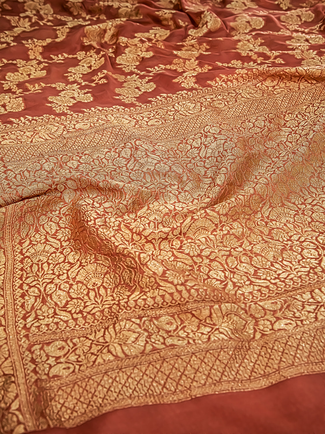 Handwoven Peach Banarasi Pure Khaddi Georgette Saree