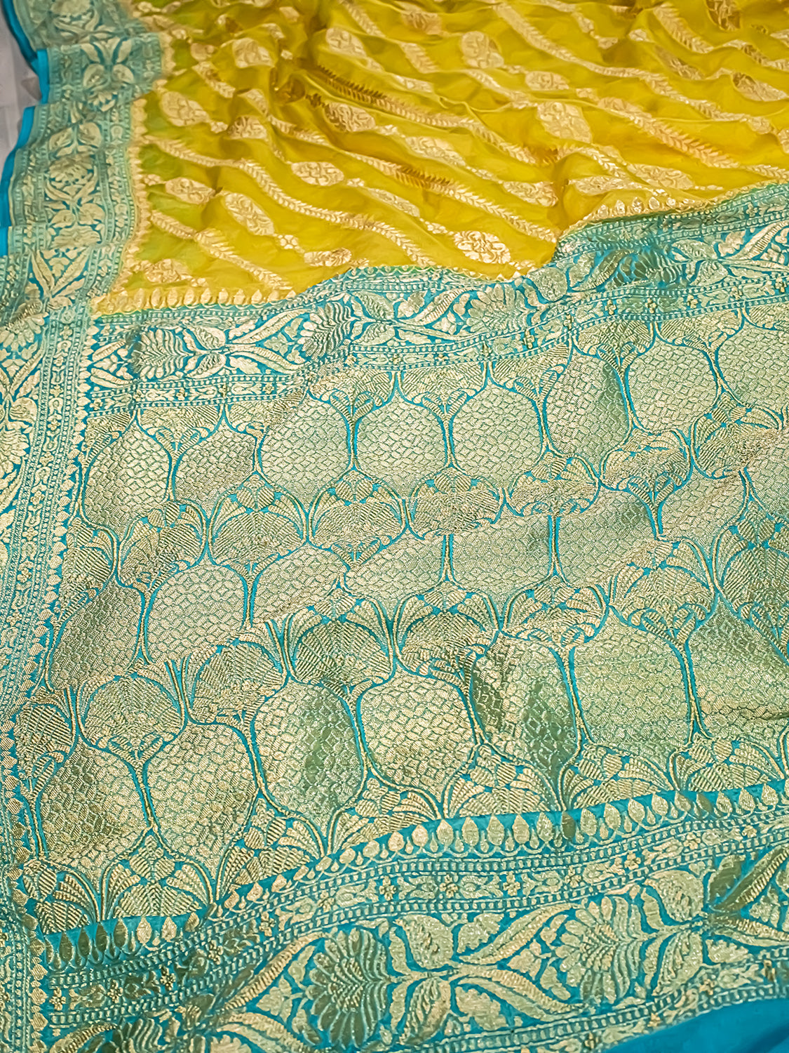 Handwoven Lime yellow Banarasi Pure Khaddi Georgette Saree