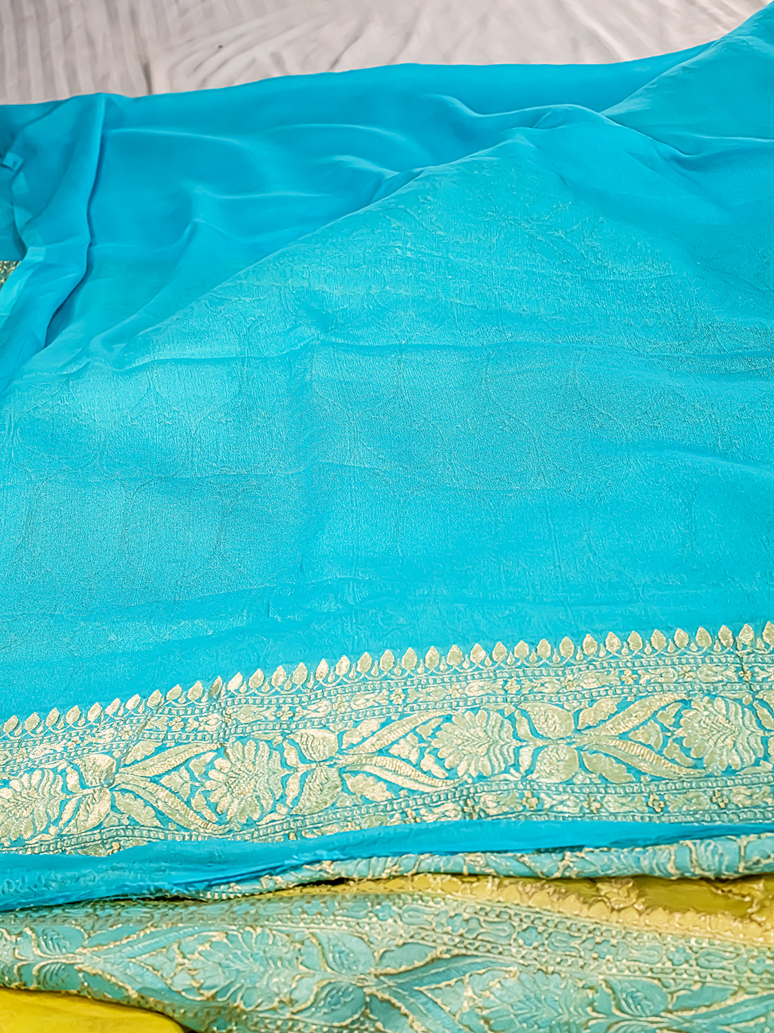 Handwoven Lime yellow Banarasi Pure Khaddi Georgette Saree