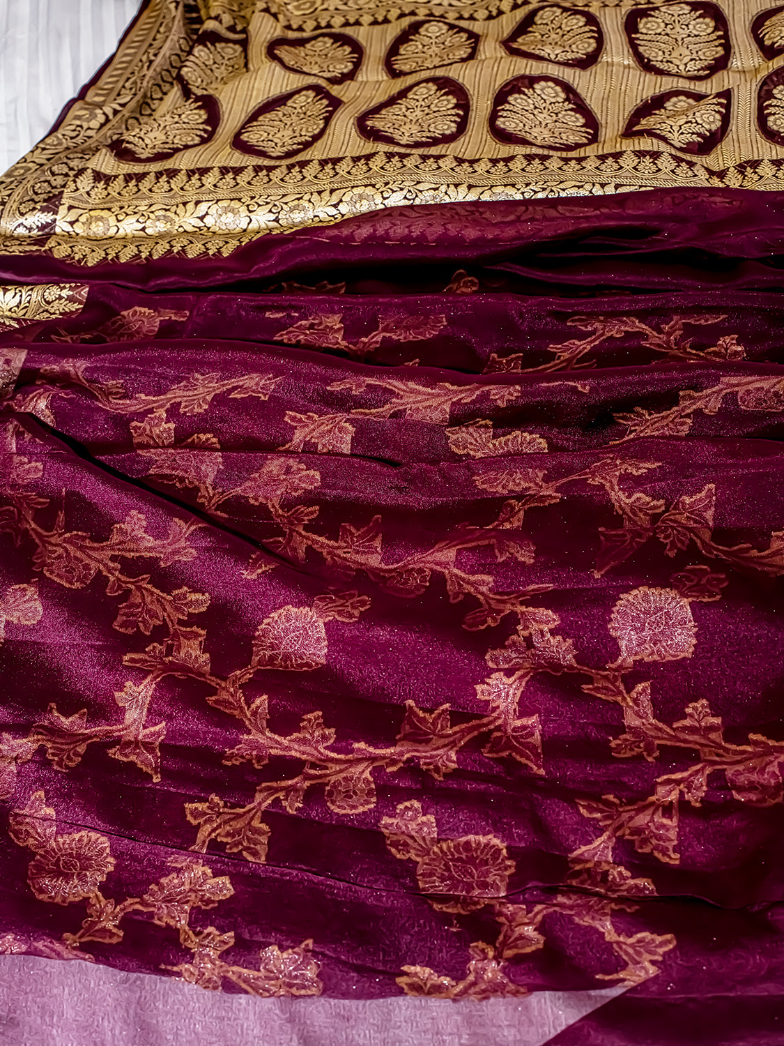 Handwoven Wine Banarasi Pure Chiffon Saree