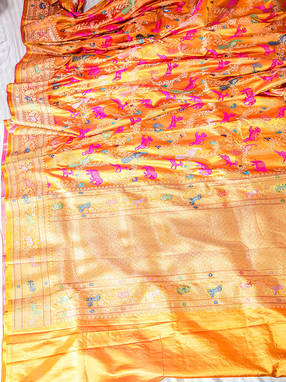 Handwoven Orange Meenakari Banarasi Mashru Katan Silk Saree