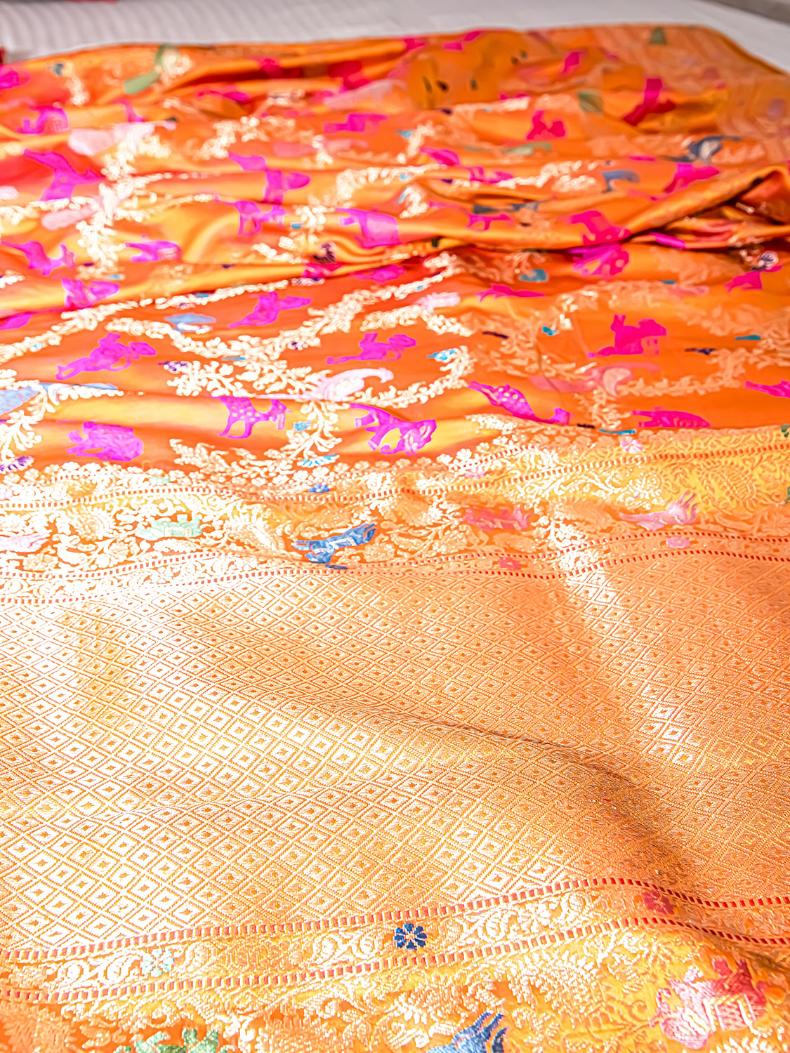 Handwoven Orange Meenakari Banarasi Mashru Katan Silk Saree