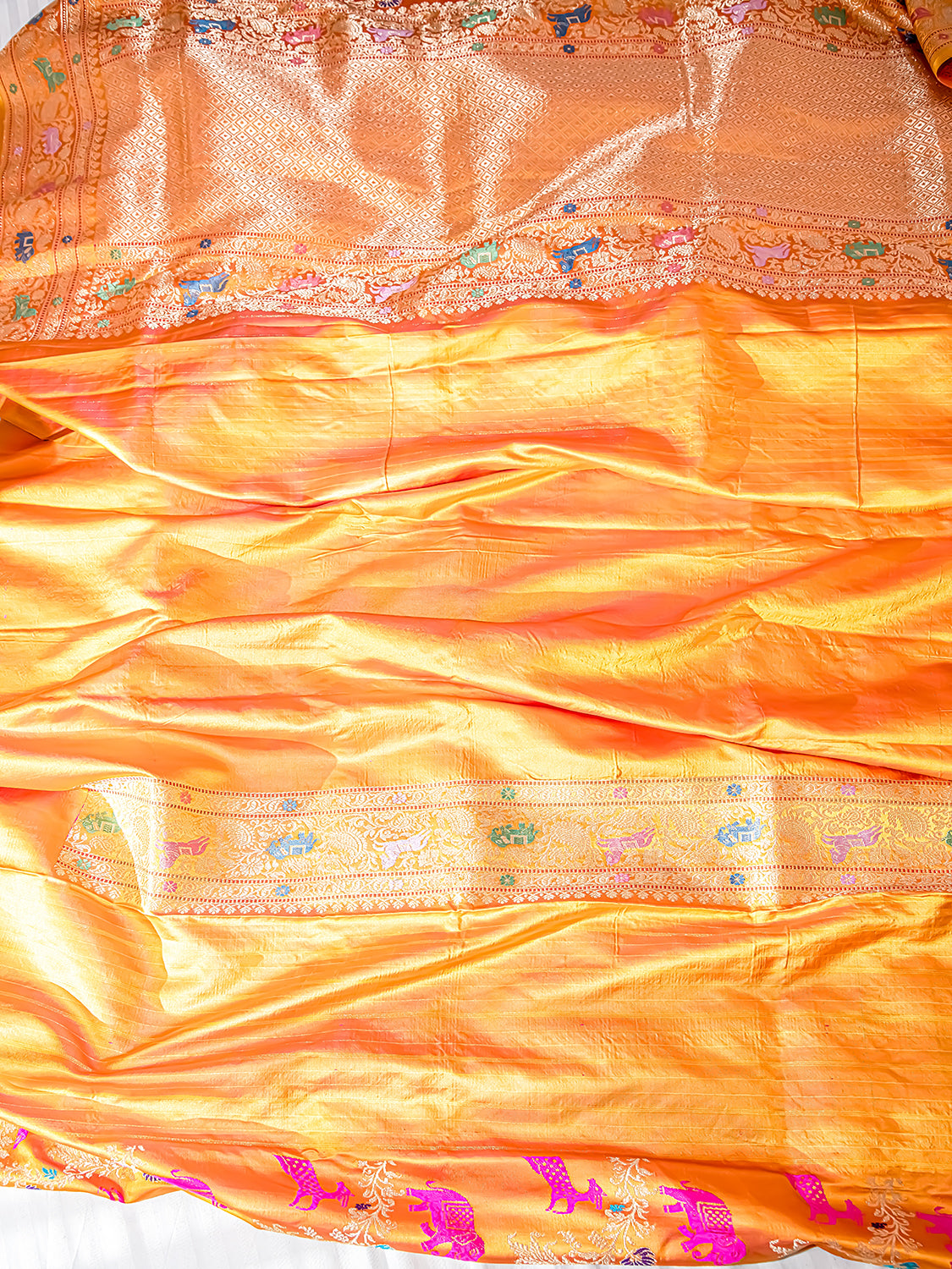 Handwoven Orange Meenakari Banarasi Mashru Katan Silk Saree